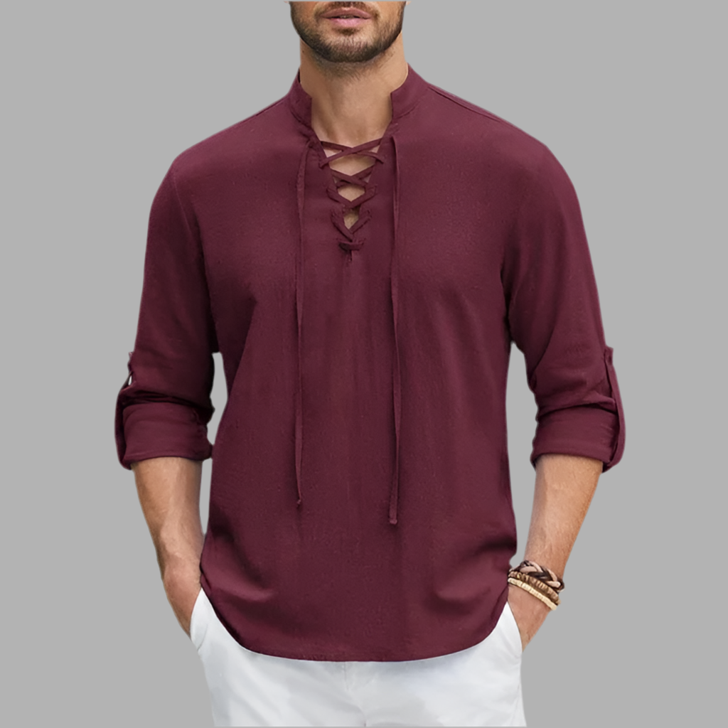 Herenshirt met vetersluiting en lange mouwen