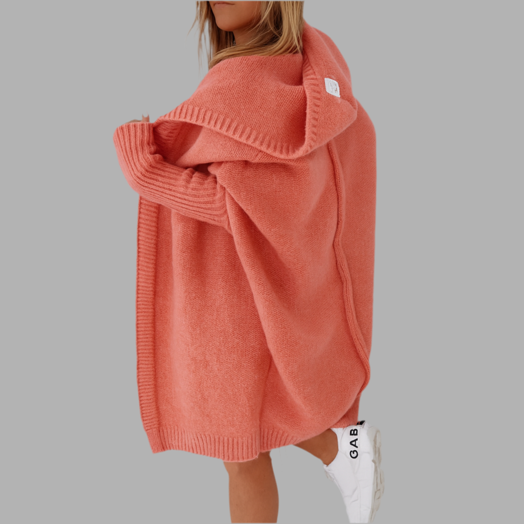 Lang gebreid vest met capuchon