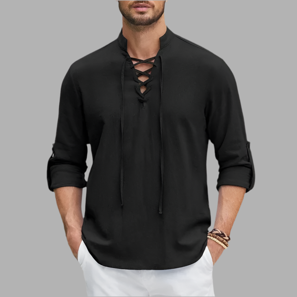 Herenshirt met vetersluiting en lange mouwen