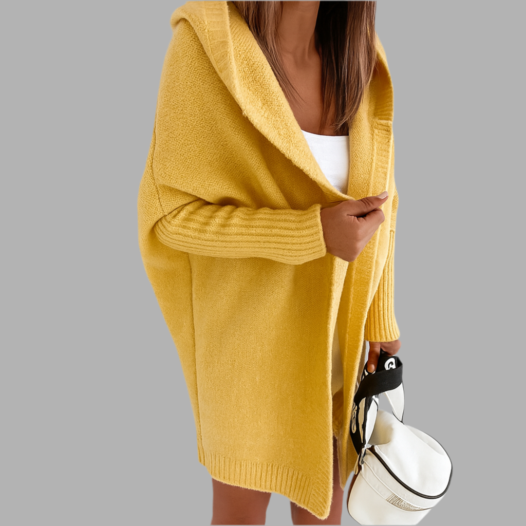 Lang gebreid vest met capuchon