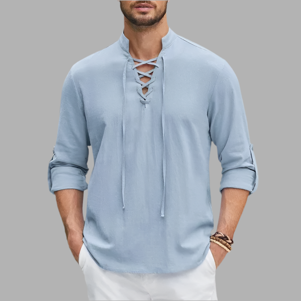 Herenshirt met vetersluiting en lange mouwen