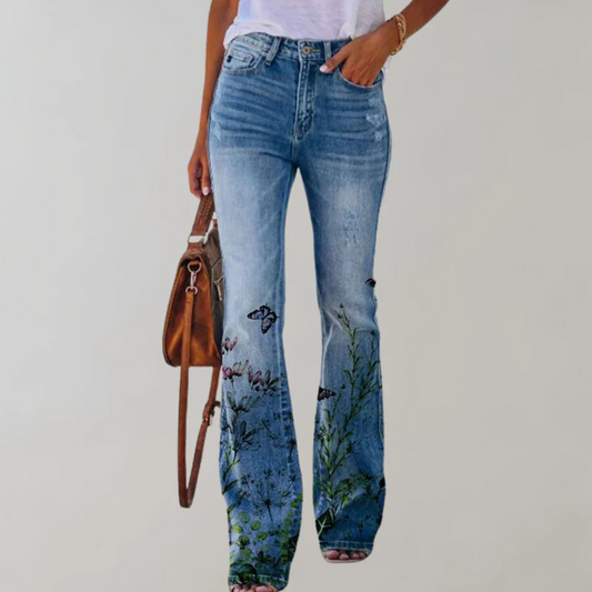 Dames jeans met bloemenprint en uitlopende pijpen