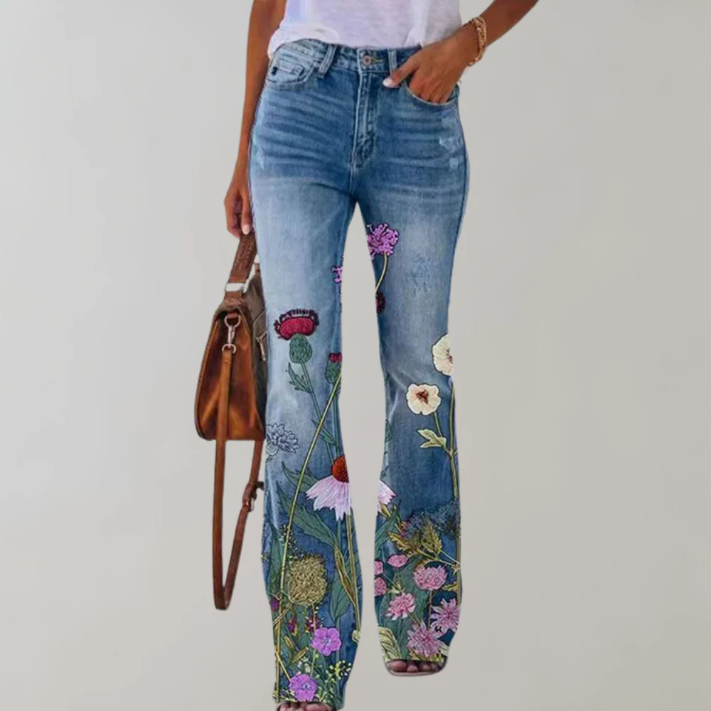 Dames jeans met bloemenprint en uitlopende pijpen