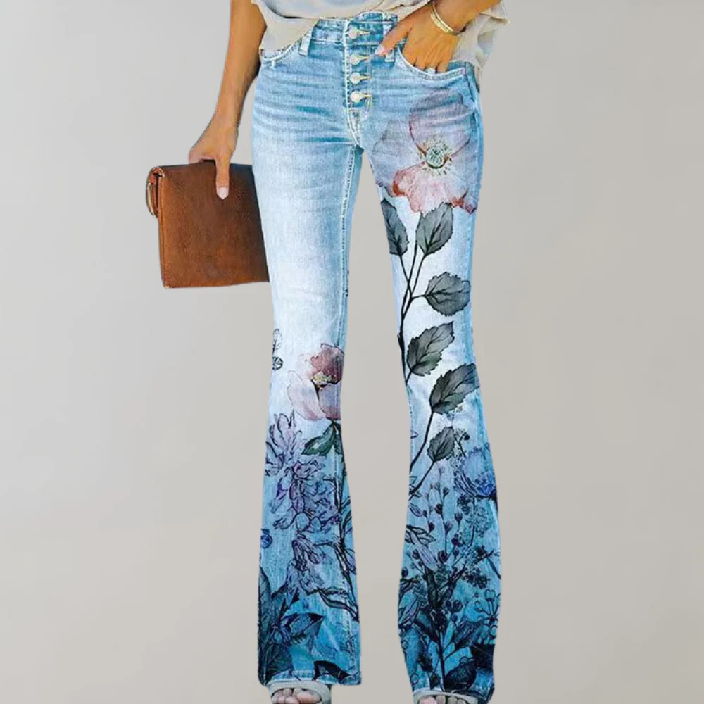 Dames jeans met bloemenprint en uitlopende pijpen
