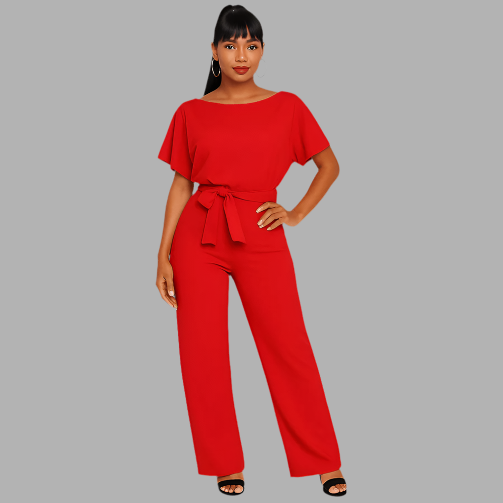 Dames jumpsuit met ceintuur en rechte pijpen