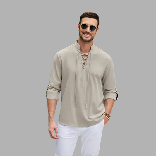 Herenshirt met vetersluiting en lange mouwen