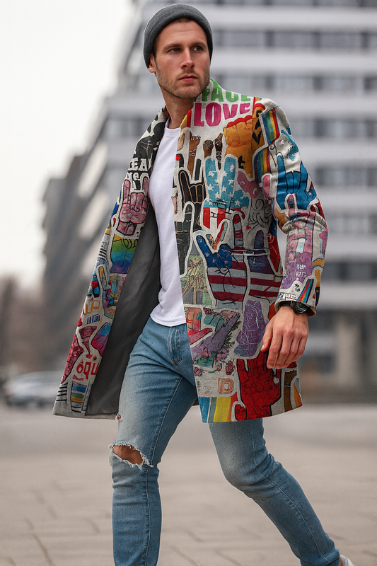 Herens jas met all-over print en knoopsluiting