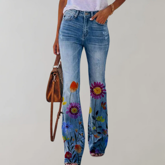 Dames jeans met bloemenprint en uitlopende pijpen